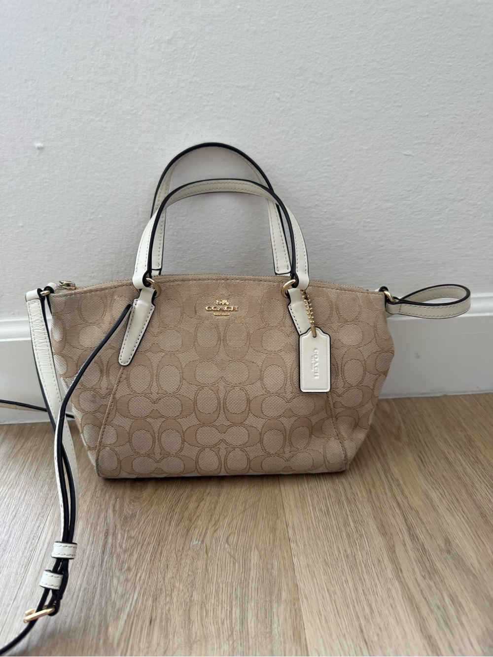 Coach Beige Signature Satchel with White Trim and Gold Hardware